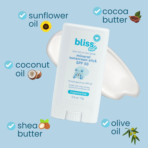 50, Bliss Baby Mineral Face Sunscreen Stick, SPF Natural Zinc Oxide, Unscented, Hypoallergenic & Dermat Tested