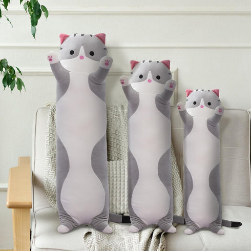 Cute Long Cat Body Pillow, Plush Stuffed Animals for Girls and Boys, Kawaii Funny Pillows, Gray, 27.5 Inch