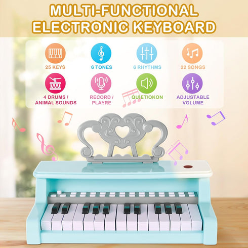 deAO Piano Keyboard Toy for Kids, 25 Keys Music Instruments with Microphone, Birthday Xmas Gift for Girls, Blue