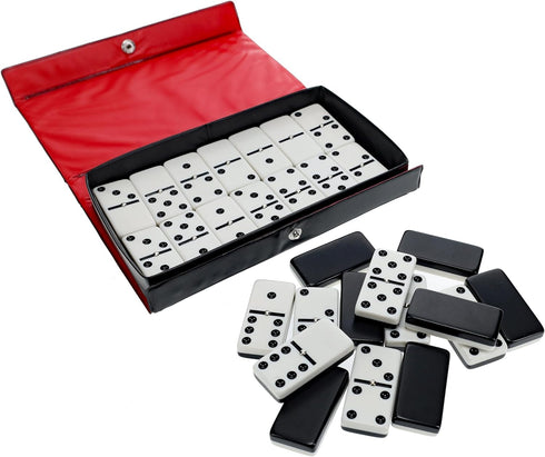 6 WE Games Two-Toned Black & White Double Dominoes with Spinners - Ideal Size, Vintage Style Case, Family and Adult