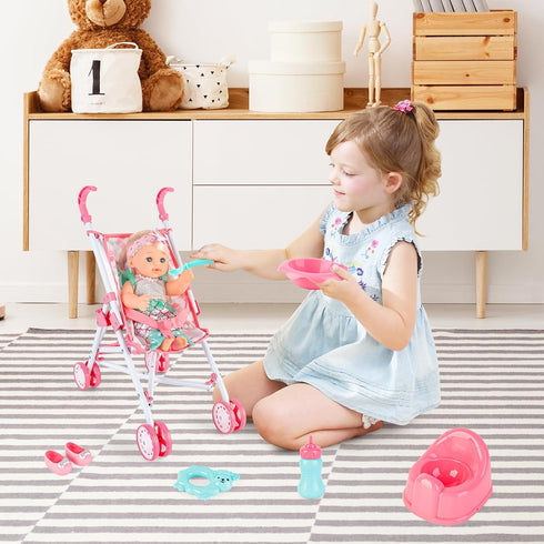 Set deAO Baby Doll Stroller Crib Bed Nursery Role Play Baby Doll Accessories and Play Mat,Travel Cot,Foldable Stroller