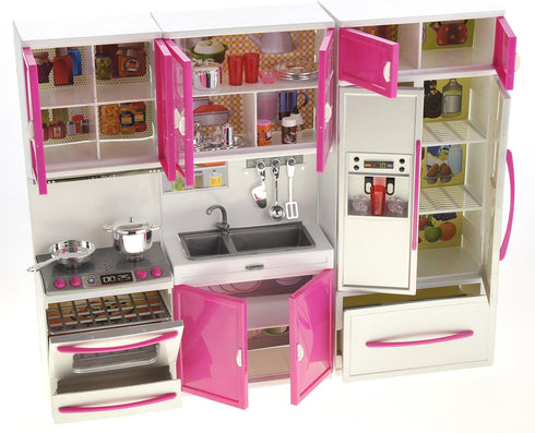 Set, Set Set (3-in-1) PowerTRC Doll Kitchen Play Mini Modern Toy Kitchen Pretend Play Furnitures Toy Accessories