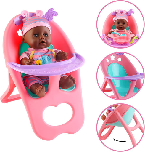 Set 21 Set deAO Black Baby Doll - Mobile, High Chair, Stroller & Feeding Accessories - Piece Play (Doll Included)