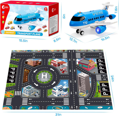 CUTE STONE Toy Airplane with Lights & Sounds, Friction Powered Plane Toy with Mini Cars for Kids, Great Gift for Boys