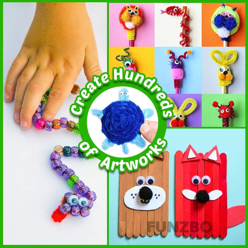 FUNZBO 1200+ Arts & Crafts Supplies for Kids - Craft Kits with Pipe Cleaners, Pom Poms, Popsicle Sticks