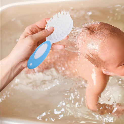 Set 2pcs Soft Bristles Brush and Hair Comb for Newborns, Nylon Scalp Massage and Bath Cleaning Brush Kit, Pink and Blue
