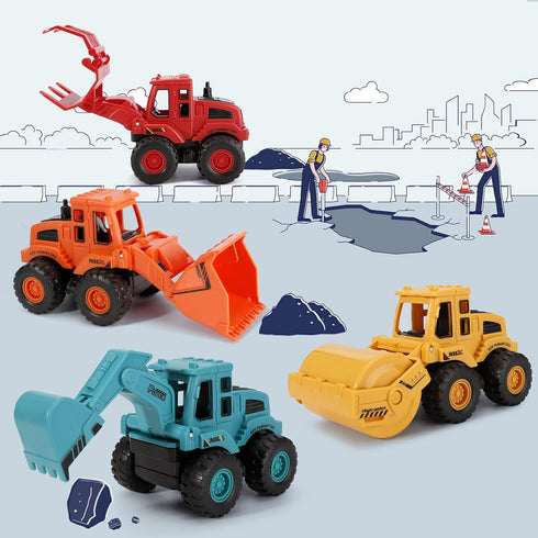 4Pcs Friction Powered Construction Truck Toys, Push and Go Vehicles for Outdoor Play, Gift for Boys Ages 3-8