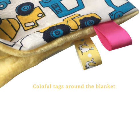 Baby Security Blanket for Unisex - Yellow Car Baby Lovey Taggy Blanket with Minky Dot Fabric, Soft & Breathable, 21 *