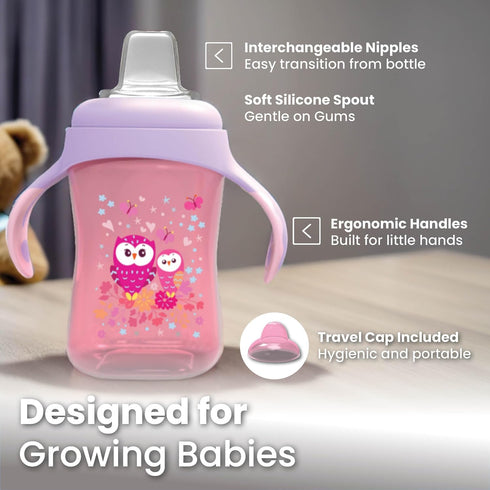 Avima Baby 10 oz Spill Proof Baby Sippy Cup with Interchangeable Soft Spout Nipple - Trainer Cup with Handles (Set of 2)