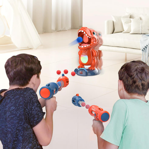Movable Dinosaur Shooting Toys for Kids with 2 Air Pump Guns, LED & Sound, 48 Foam Balls for Target Practice