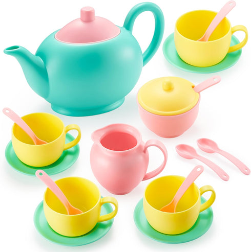 JOYIN 18PCS Pretend Role Play Tea Party Set, BPA Free Plastic Tea Set, Mini Kitchen for Kids, Gifts