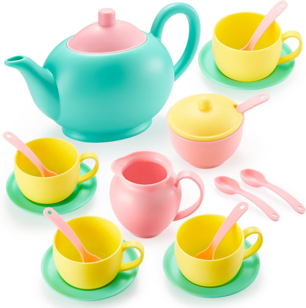 JOYIN 18PCS Pretend Role Play Tea Party Set, BPA Free Plastic Tea Set, Mini Kitchen for Kids, Gifts