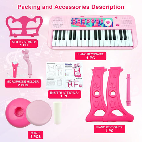 37 3 4 5 6 7 8 Love&Mini Kids Keyboard Toys for Girls - Keys Pianos Toy with Stool and Microphone Pink Electronic