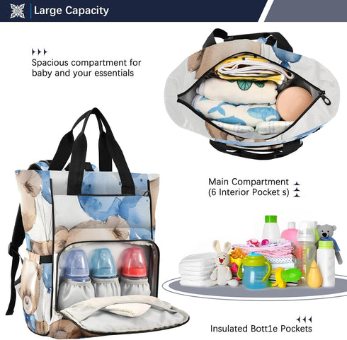 SUABO Backpack Baby Diaper Bag Watercolor Bear with Blue Bow Large Bag Waterproof Travel Diaper Bags for Moms and Dads