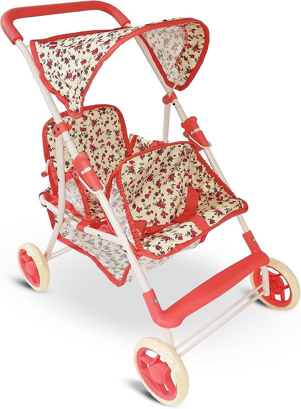 Double Doll Stroller for Baby Dolls, Floral Tandem Play Toy Stroller for 4-8 Year Old Girls