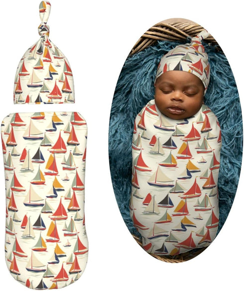 Sailboats Sets Cartoon Newborn Swaddle Blankets Hat Soft Baby Receiving Blanket Swaddle Sack for Baby Shower Infant Boy