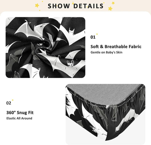Bseiialft 52 28 Black White Bats Halloween Crib Sheets for Boys Girls Soft and Breathable Cotton Baby Sheets
