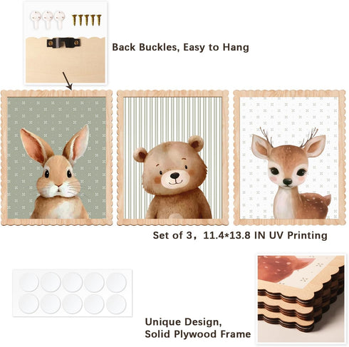 Benlarky Set 3 Woodland Nursery Wall Art Decor, of Wood Framed Animal Wall Prints Artwork Cute Rabbit Deer Bear Wooden