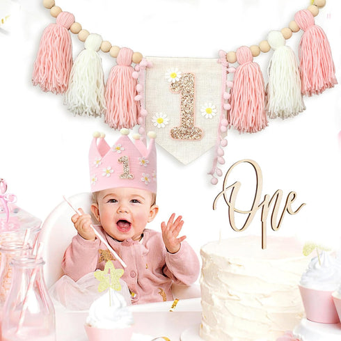 1st Daisy Highchair Wood Bead Tassel Garland Crown Hat Wooden Cake Topper Birthday Baby Shower Decorations