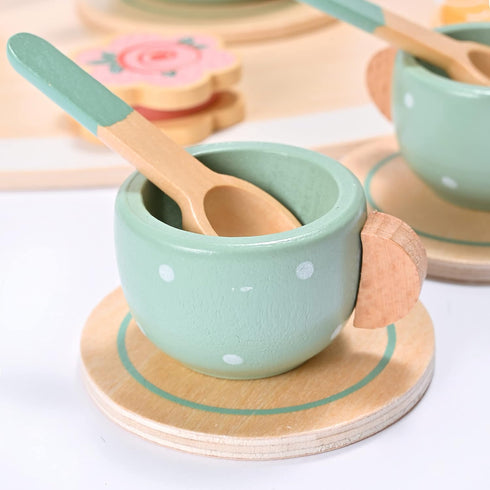 MONT PLEASANT 15pcs Wooden Tea Set for Little Girls, Toddler Play Kitchen Accessories, Play Food Playset for Kids Tea