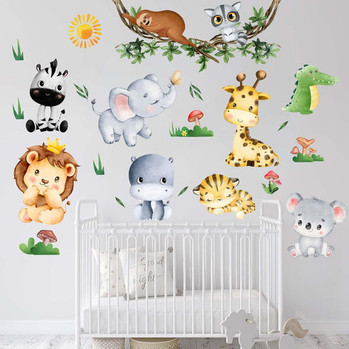 Jungle Baby Animals Wall Stickers - Elephant Lion Tiger Giraffe Wall Decals - Nursery Kids Girls Boys Room Daycare