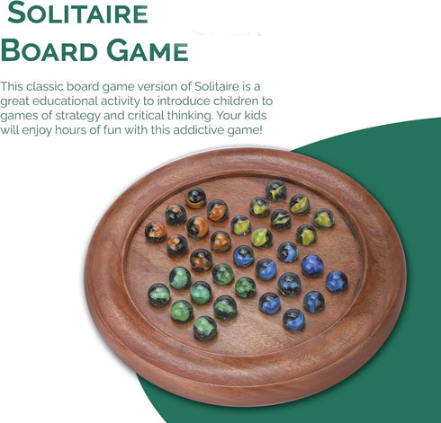 33 7 12x12 Inch Ajuny Wooden Solitaire Board Game Handcrafted Round Peg Puzzle with Marbles + Extra, Strategy Game
