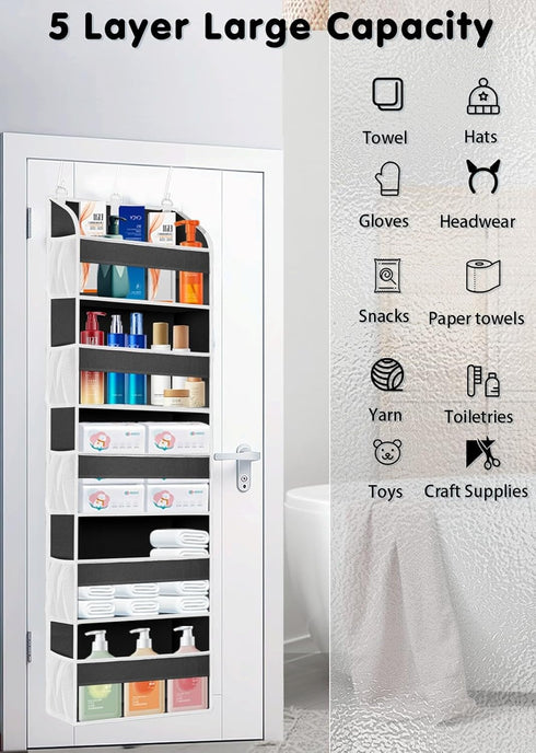 1 Pack Over The Door Storage Organizer with 5 Pockets, 10 Mesh Pockets, 44 lbs Capacity for Bedroom, Bathroom, Nursery