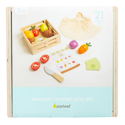 Set 21-Piece 2 3 4 Pearhead Wooden Play Food Pretend Kitchen Toy, Cutting Fruits & Veggies, FSC-Certified, Farmers