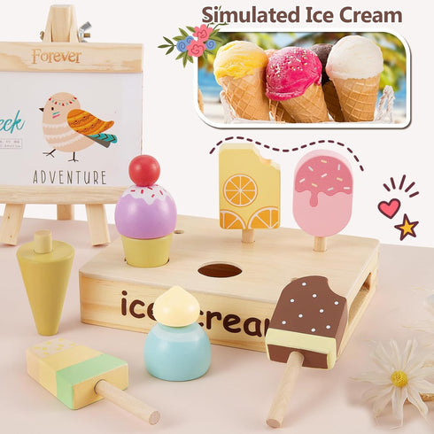 Playset 3 4 5 HERSITY Wooden Ice Cream Stand for Kids, Ice Cream Popsicle Toy Pretend Play Food Kitchen Accessories