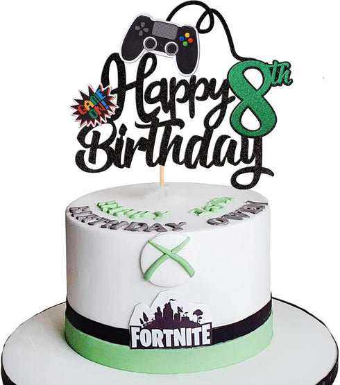 1 PCS Video Game Happy 8th Birthday Cake Topper, Glitter Cake Pick for Happy 8th Birthday Party Supplies Green