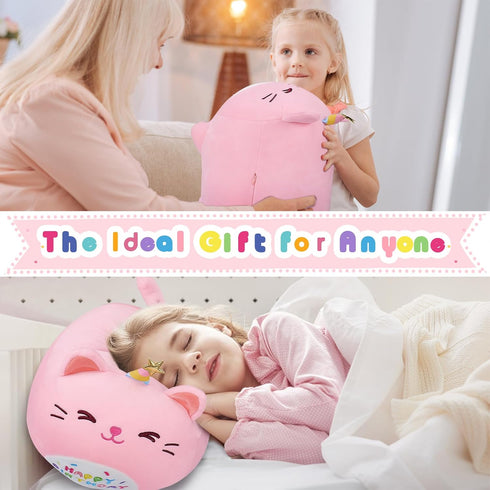 16'' Pink Birthday Cat Plush Stuffed Animal, Kawaii Plushies Cat Body Pillow, Gifts for Kids and Girlfriend
