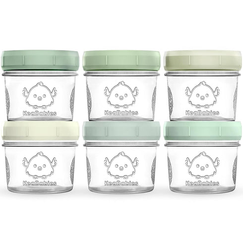 KeaBabies 6pk 4oz Glass Baby Food Containers - Leak-Proof, Microwavable Small Baby Glass Jars with Lids (Sage)