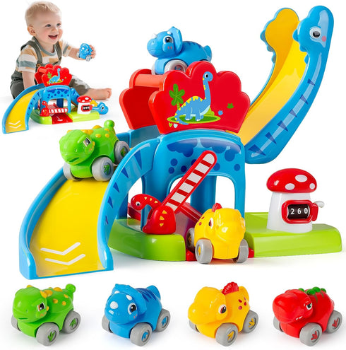 Dinosaur Car Ramp Toy for Toddlers 1-3, Drop & Go Ramp Racer