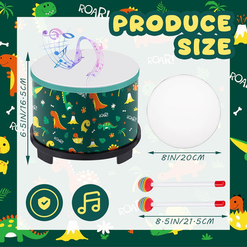 8'' 6.5'' 2 Boao Floor Tom Drum for Kids W x H Wooden Percussion Instrument Music Drum with Rainbow Mallets Dinosaur
