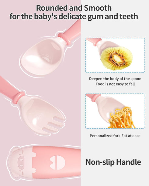 Deejoy Toddler Utensils with Travel Case, Silicone Bendable Handle Baby Spoons and Forks Set for Self Feeding (Pink)
