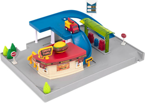 Driven by Battat Gas Station & Drive-Thru Restaurant Playset - 5-Piece Toy Car Accessories for Kids, 3 Years +