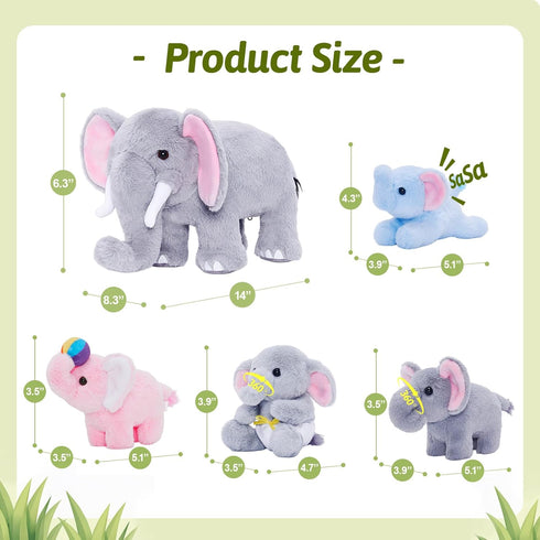 OUOZZZ 4 Set 14" 6.3" Elephant Stuffed Animal with Baby Elephants Interactive Plush Toy with Crinkly Ears, Rotating