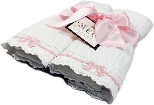 Set (2)) MEG ORIGINAL Baby Burp Cloth - Heirloom Collection - Handmade in The USA (Pink Bows on Cotton