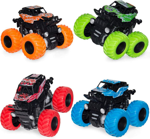 LONANDY 4 Pack Monster Truck Toys - Friction Powered Push and Go Toy Cars, Stunt Toy Vehicles for Kids Ages 3+