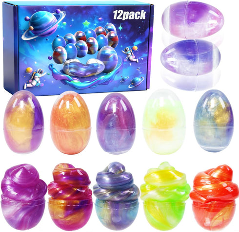 BSINHTIY 12 Pack Galaxy Slime Eggs Toys Kit,Super Soft, Non-Sticky Texture,Easter Eggs Ideal