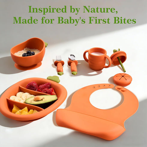 Cozy Rock Set, Set 2-in-1 Silicone Baby Feeding Carrot Design BLW Toddler Feeding with Suction Plate & Bowl, Bib, Fork