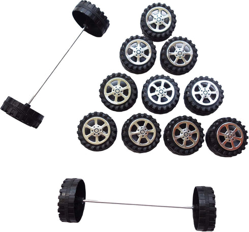 30 Pcs Plastic Roll 2mm Dia Shaft Toys Car Wheel with 15 Pcs Shaft Round Rod Axles for DIY Projects