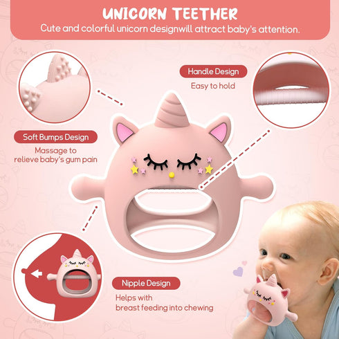 6-12 0-6 Teething Toys for Babies Months, Tinabless Unicorn Never Drop Silicone Teether Designed for Babies Months, Car