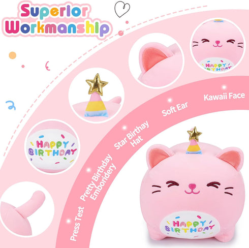 16'' Pink Birthday Cat Plush Stuffed Animal, Kawaii Plushies Cat Body Pillow, Gifts for Kids and Girlfriend