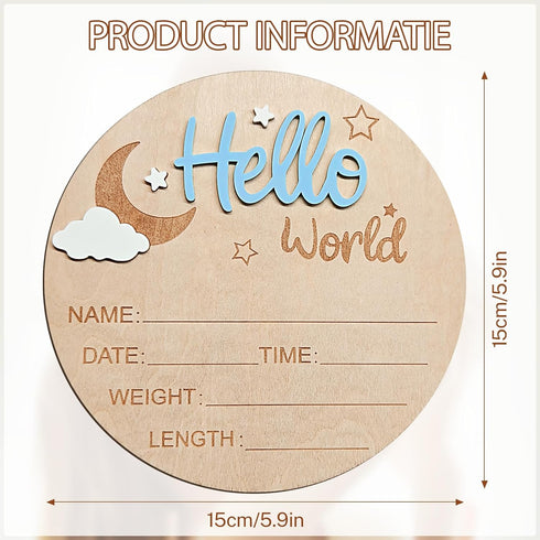 Mindow 5.9 Inch Baby Announcement Sign, Wooden Hello World Newborn Sign Boy, Moon and White Cloud Decoration, Baby Name