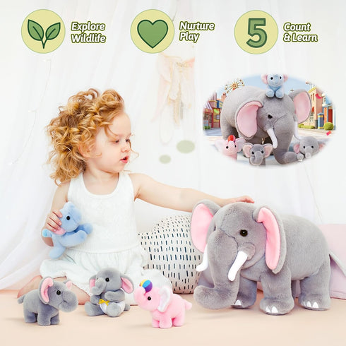 OUOZZZ 4 Set 14" 6.3" Elephant Stuffed Animal with Baby Elephants Interactive Plush Toy with Crinkly Ears, Rotating