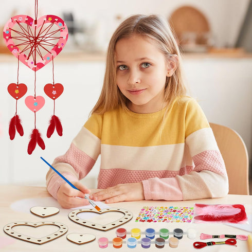 6 Pack Fennoral Heart Dream Catcher Craft Kit for Kids Paint You Own Love Heart Dream Catcher DIY Coloring Mother's Day