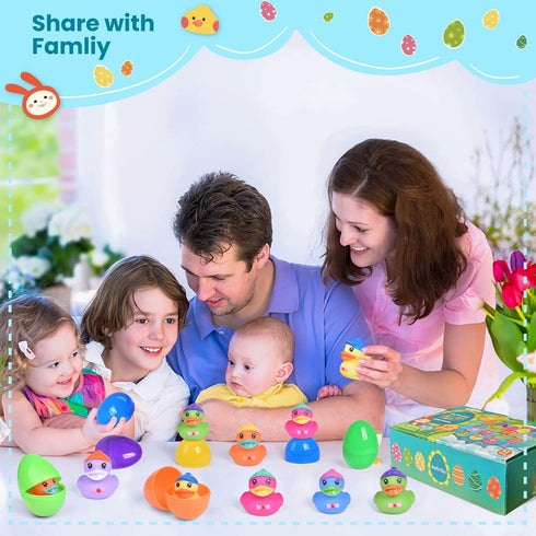 12 PCS Prefilled Easter Eggs with Rubber Duck Toys, Easter Basket Stuffers, Easter Egg Fillers, Bath Toy Squirters