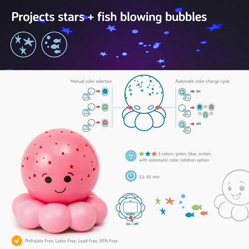 Cloud b Travel Comforting Nightlight Projector, Gentle Brightness, 3 Colors, Auto-Shutoff, Octo Baby Pink