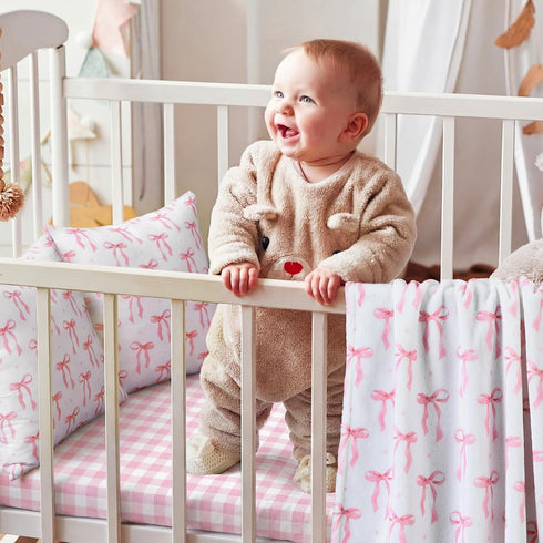 CrystalSylara 3 Set Piece Pink Bow Crib Bedding for Baby Girls - Soft Flannel Blanket Fitted Grid Crib Sheet Pillow